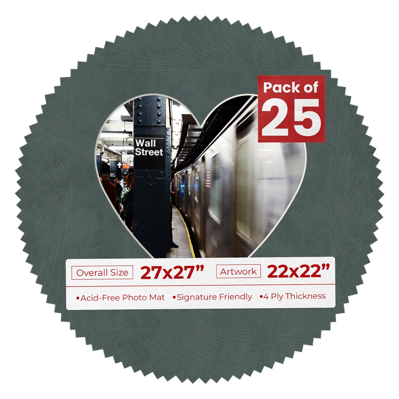 Dark Grey Suede Mat Board for 27x27 Frames - Heart Opening for 22x22 Photos